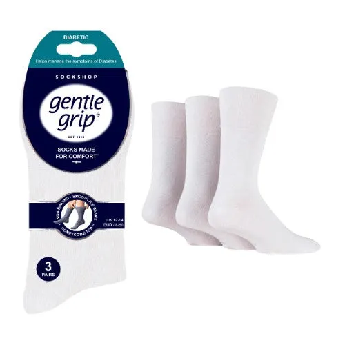 3 Pairs White - Bigfoot - Mens Gentle Grip Non Elastic EasyFit HoneyComb Top Diabetic Socks Size 12-14