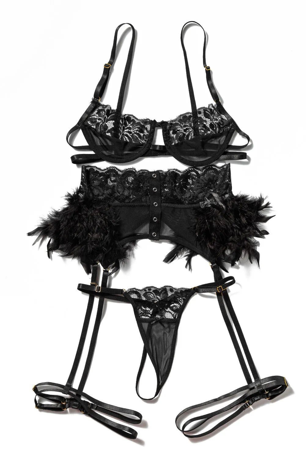 Black 3pcs Lace Feathered Garter Lingerie Set