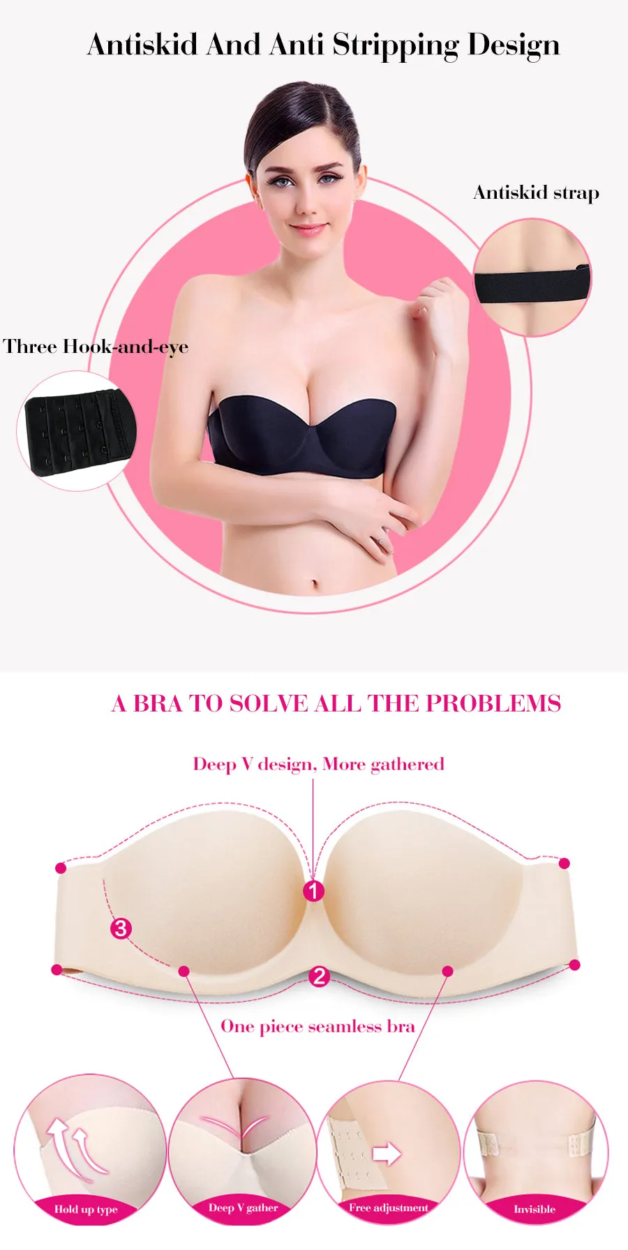 Comfortable Breathable Women's Strapless 1/2 Cup Magic Push Up Bra