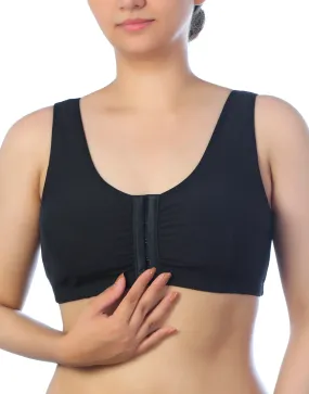 COTTON FRONT OPEN SLIP ON POST SURGICAL BRA WITH POCKETS-BLACK