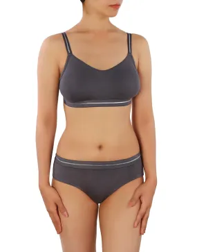 DOUBLE LAYERED COTTON WIREFREE BRA WITH MATCHING PANTY -GREY