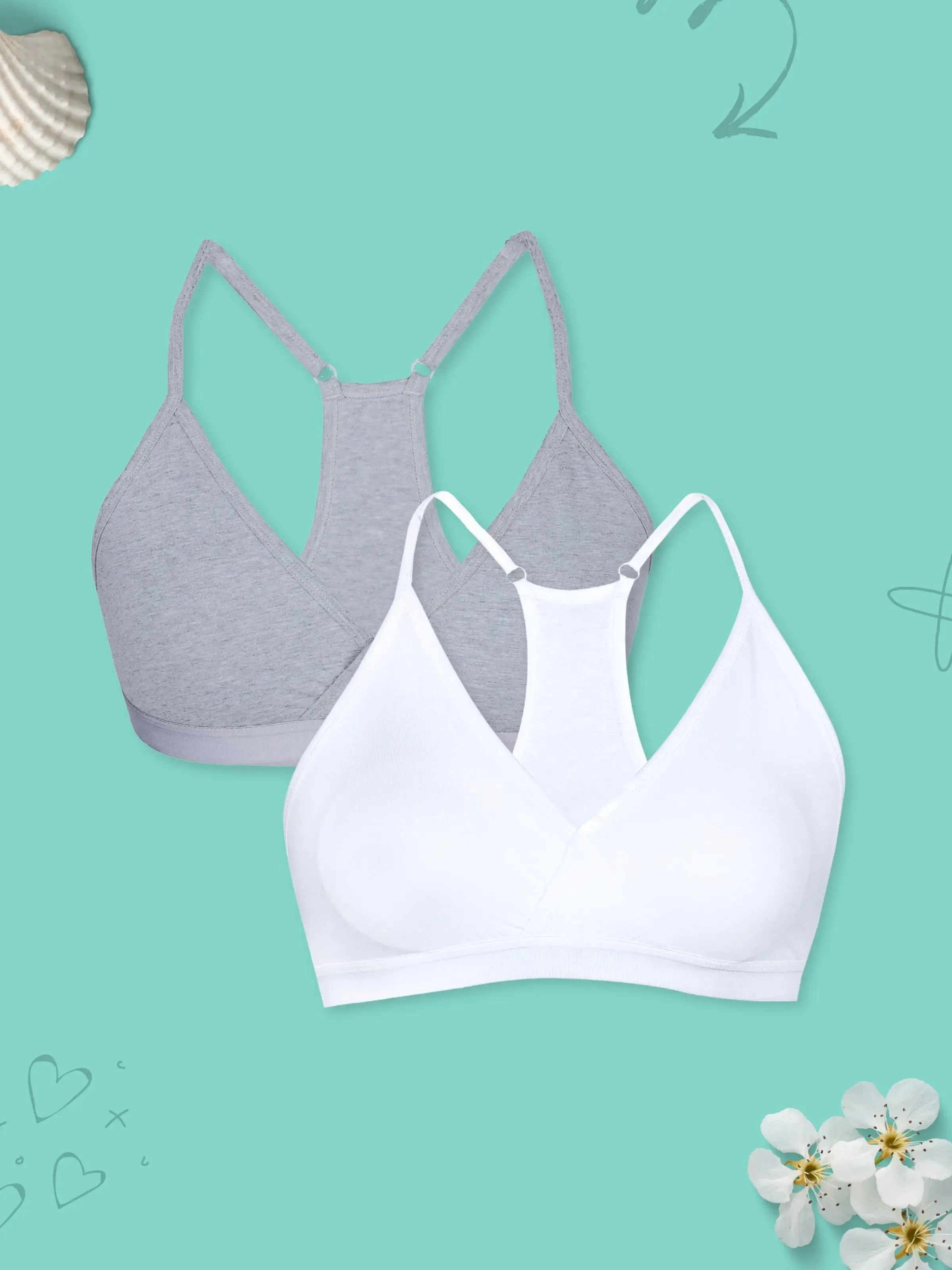 Everyday V-Neck Bra in Grey & White with Removable Padding & Adjustable Straps