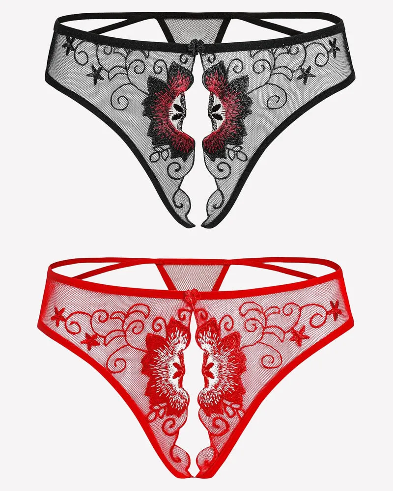 Floral Briefs Embroidered Thongs Panties