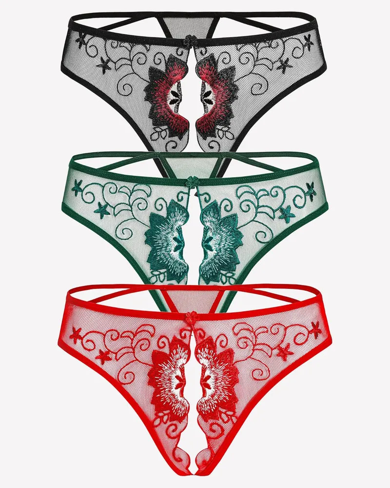 Floral Briefs Embroidered Thongs Panties