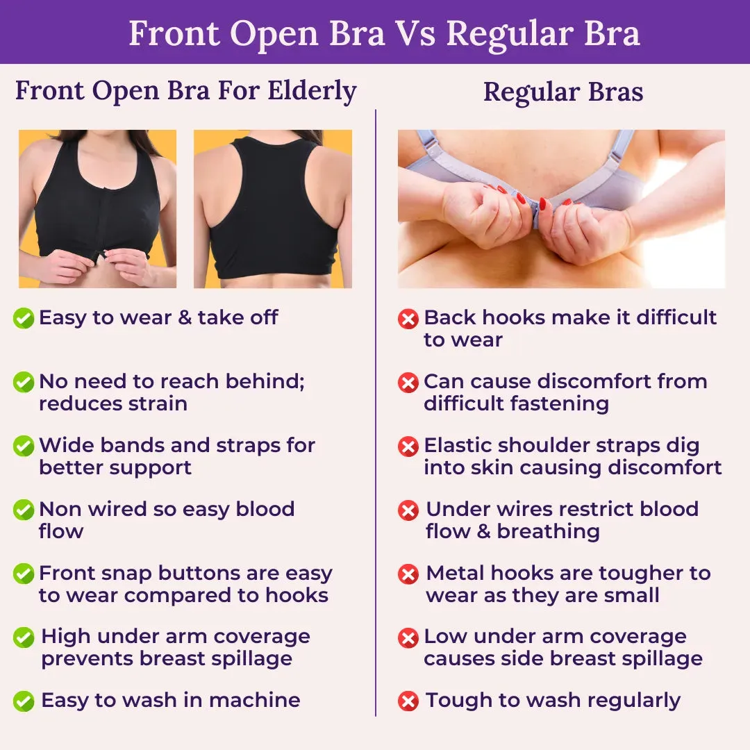 Front Open Bra For Elderly | Non Padded | Non Wired | Racerback | Full Coverage | 2 Pack