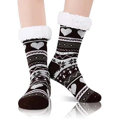 Fuzzy Cozy Fluffy Socks with Grips for Women Girls, Winter Cabin Warm Comfy Plush House Socks, Women's Sherpa Socks, Slipper Socks, Christmas Socks