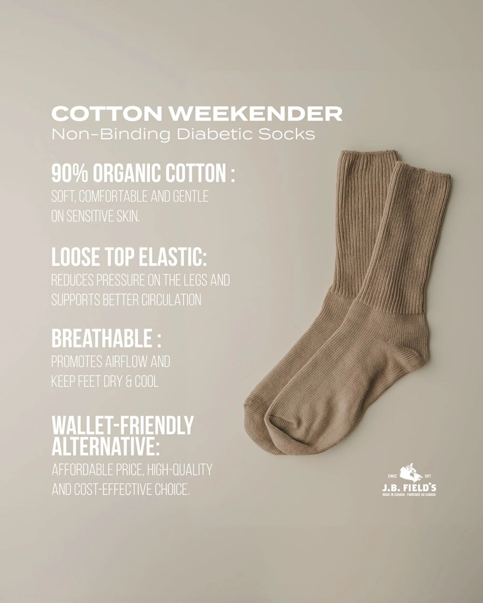 J.B. Field's "Non-elastic Weekender" 90% Organic Cotton Diabetic