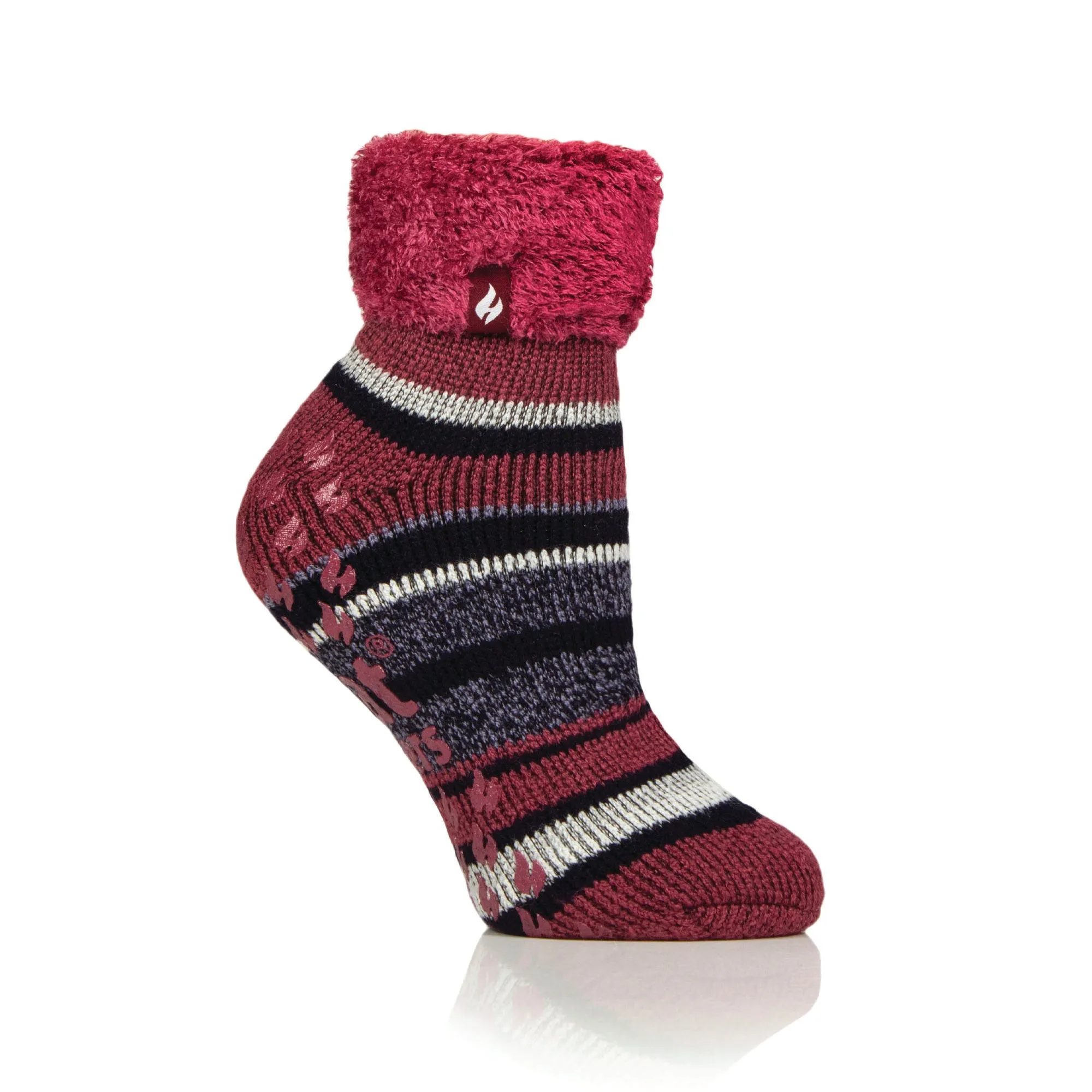 Ladies Original Carina Stripe Lounge Socks with Turnover Top - Raspberry & Navy