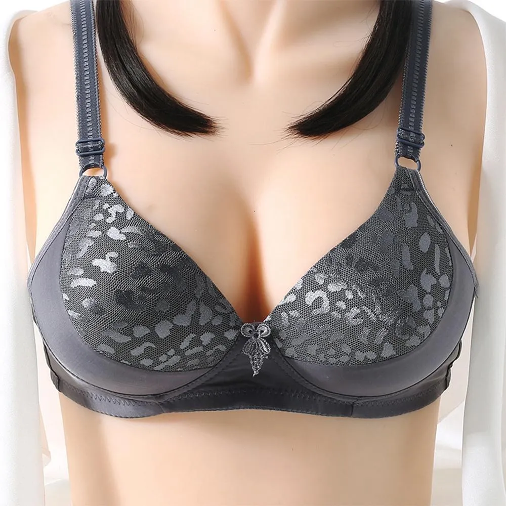 Ladies Solid Color Sexy Jacquard Glossy Breathable Bra Padded Push Up Adjustable Strap Bra