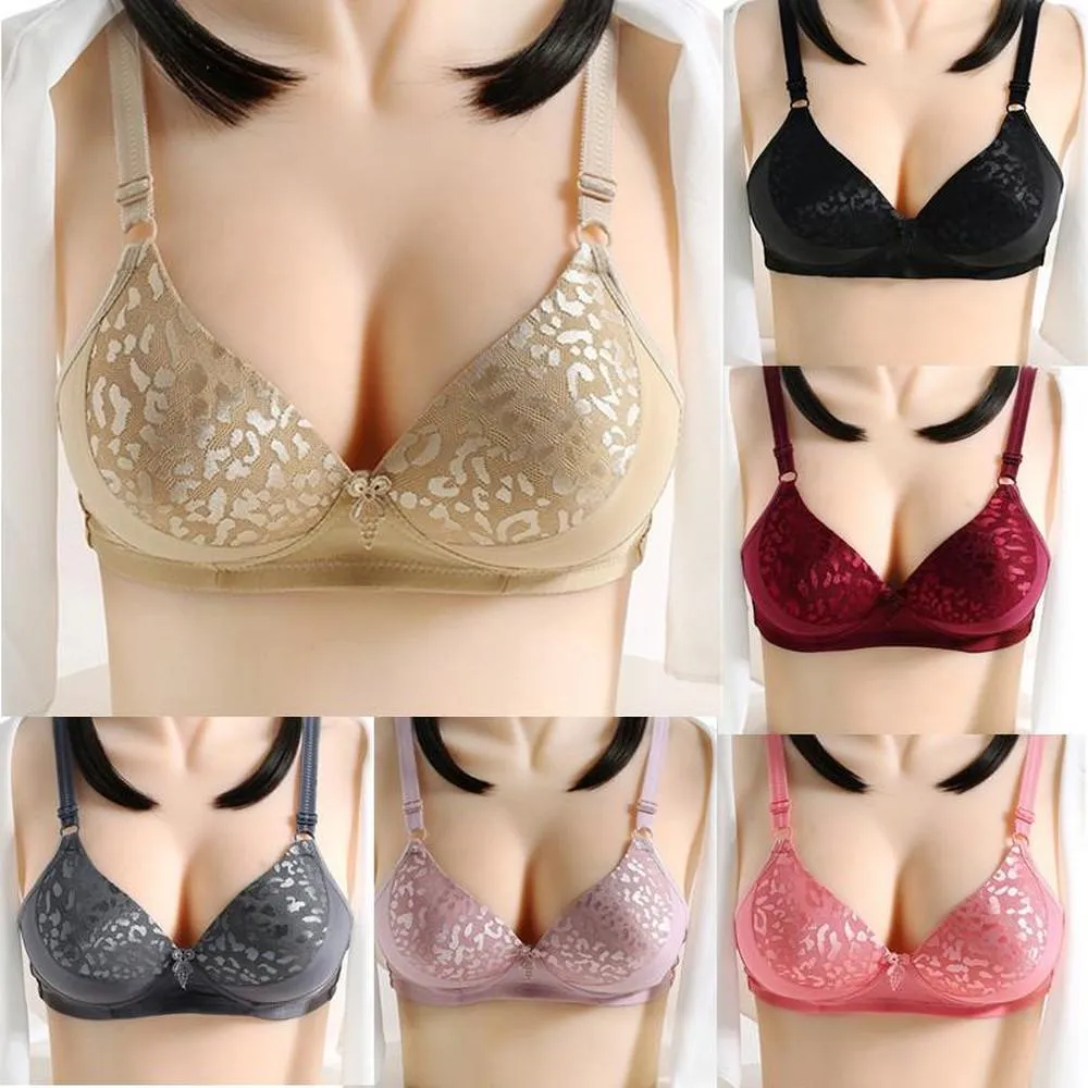 Ladies Solid Color Sexy Jacquard Glossy Breathable Bra Padded Push Up Adjustable Strap Bra