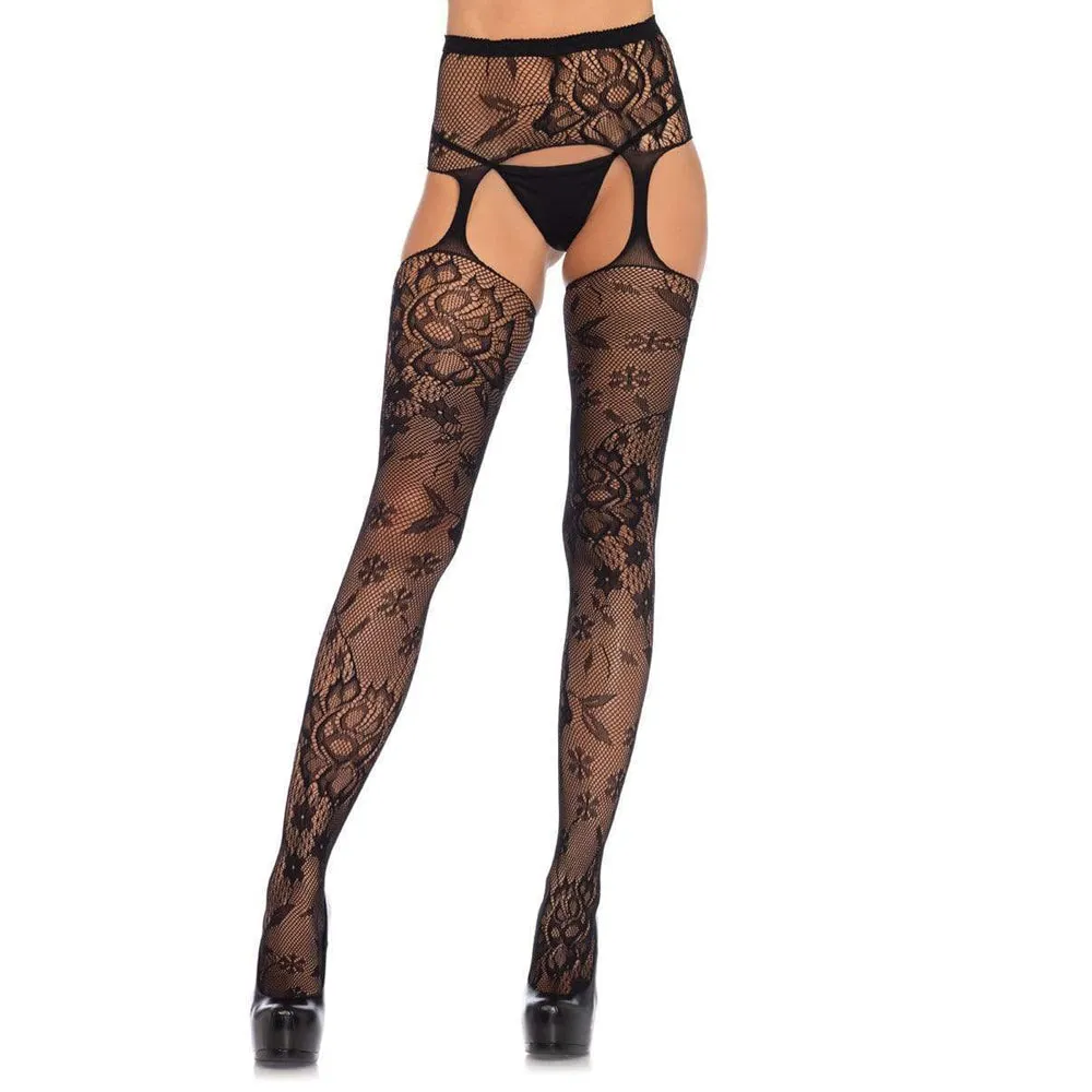 Leg Avenue Chelsea Floral Lace Suspender Pantyhose