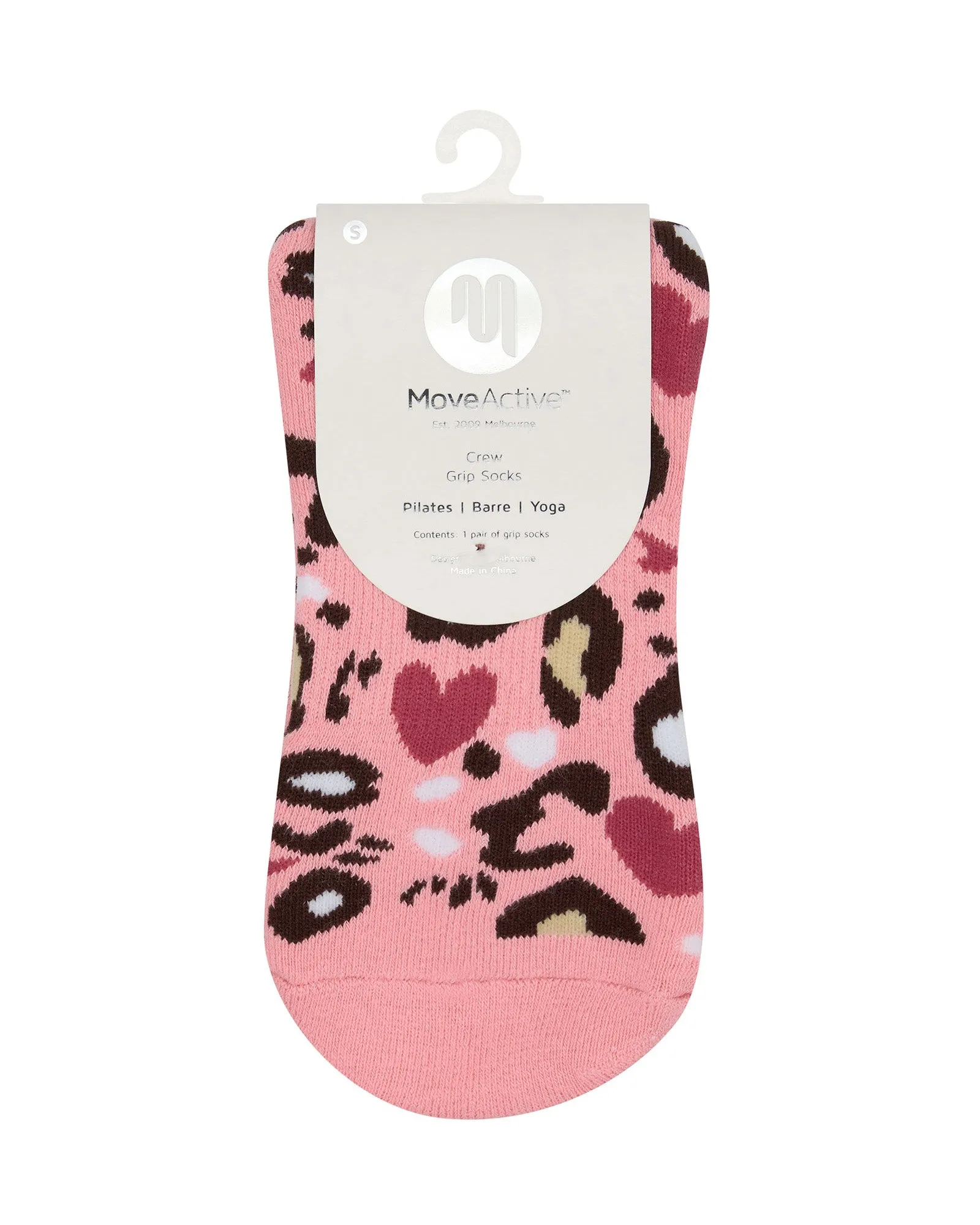 Move Active Crew Non Slip Grip Socks - Cheetah Hearts