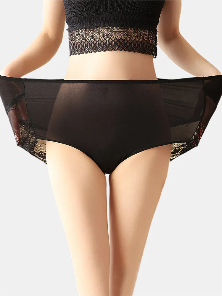 Plus Size Cotton Lace Patchwork High Waisted Smooth Comfy Breathable Panty