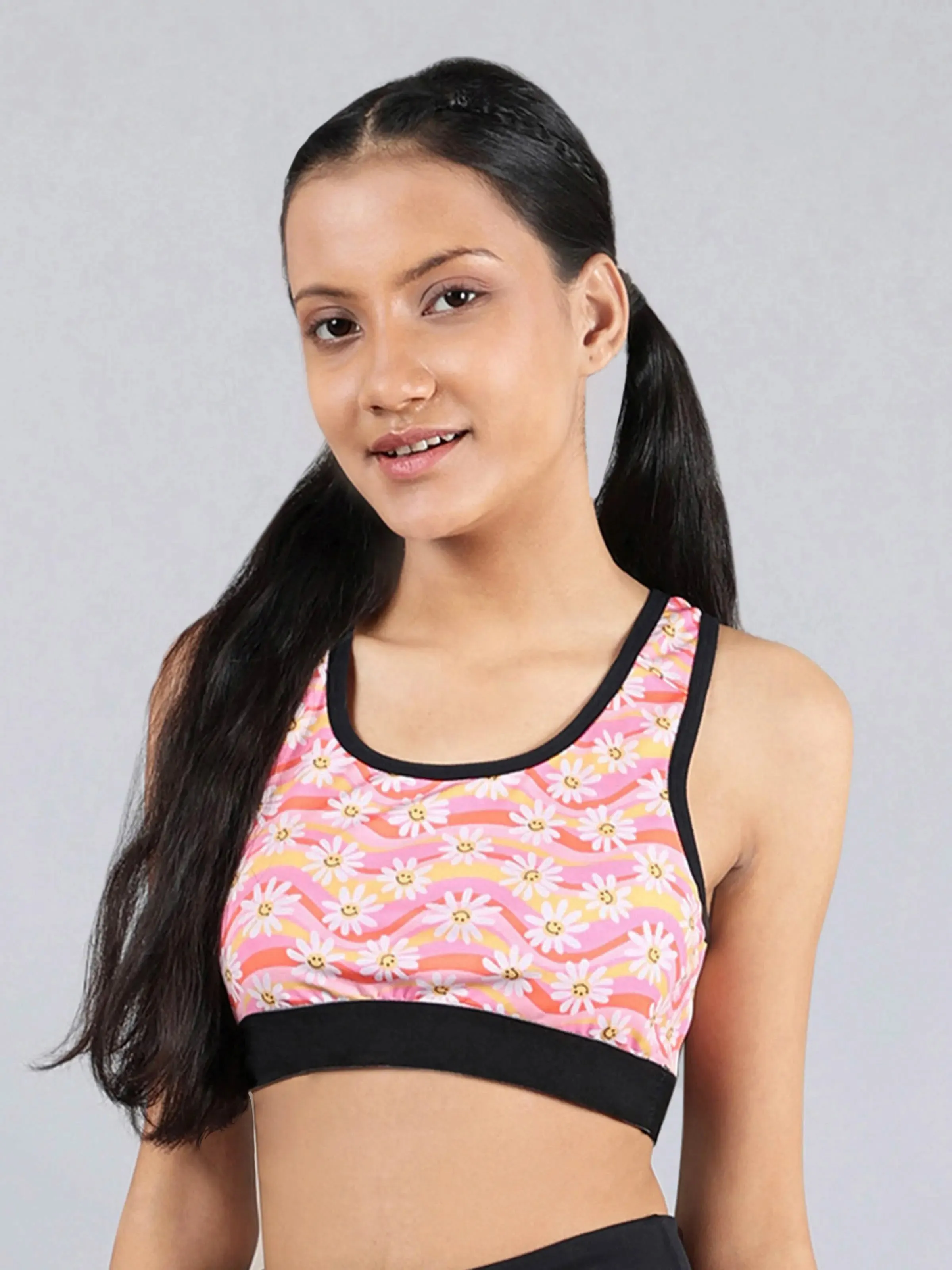 Sunflower Print Racerback Sports Bra | Full Coverage