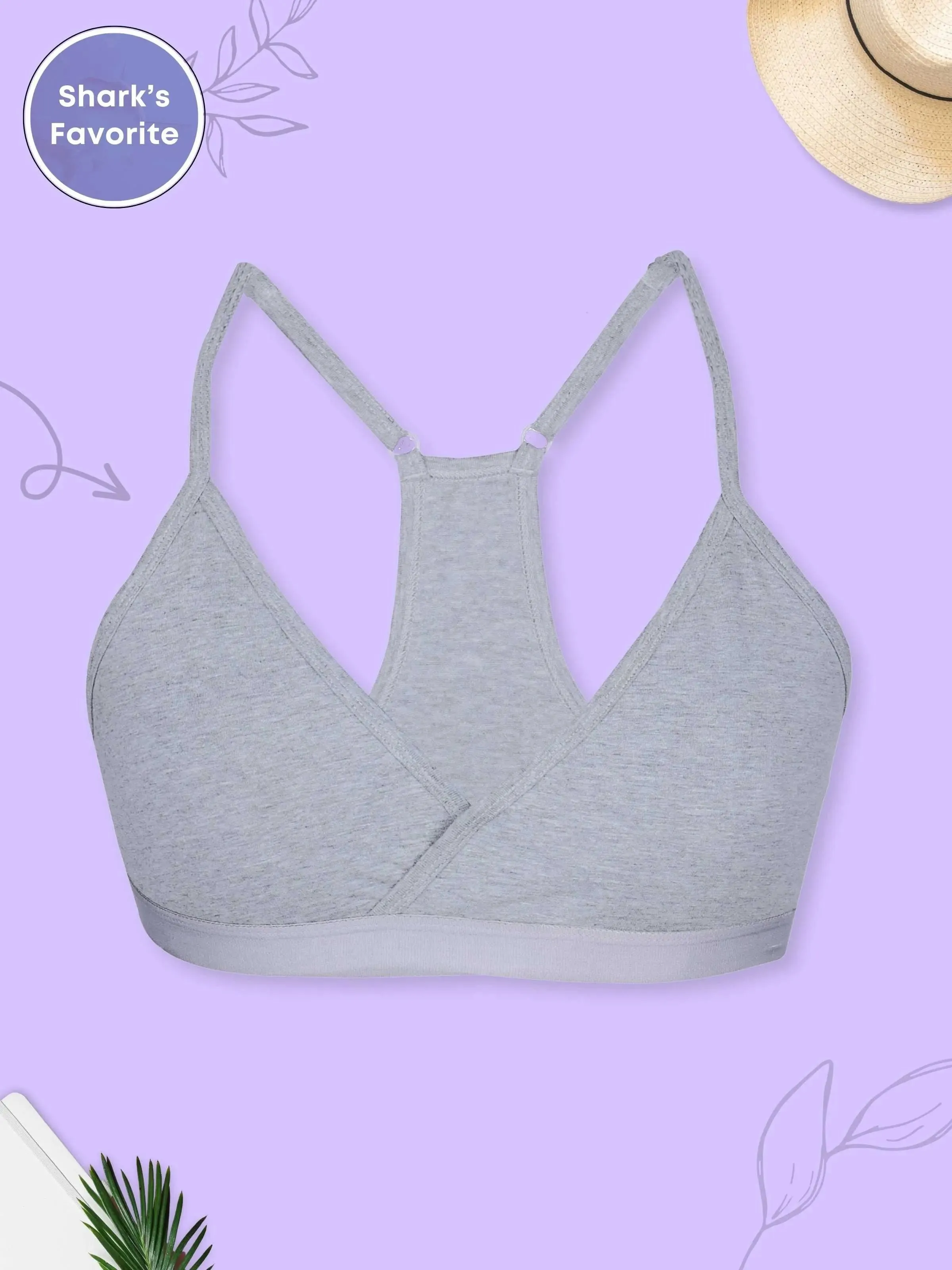 V-Neck Grey Bra with Adjustable Straps & Removable Padding for Everyday Wear